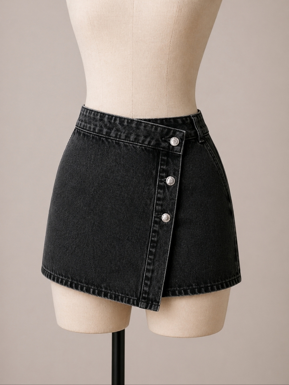 Women's Black Asymmetric Button Denim Skirt